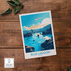 Blue Lagoon Iceland poster featuring modern artwork with vibrant blue tones and serene landscape.