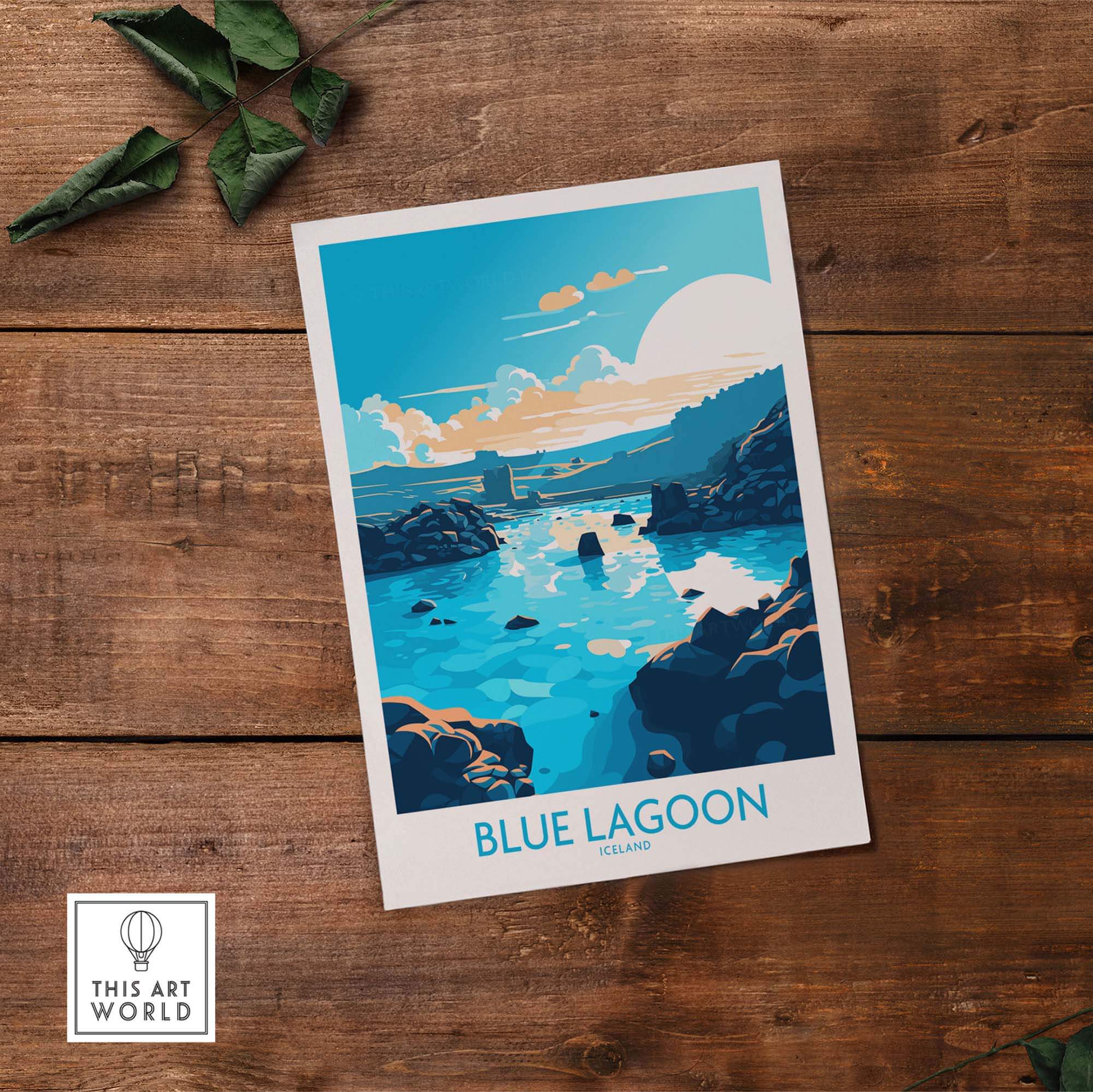 Blue Lagoon Iceland poster featuring modern artwork with vibrant blue tones and serene landscape.