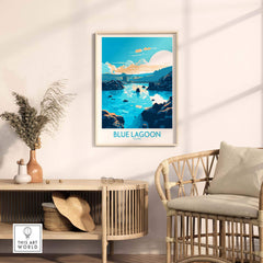Blue Lagoon Iceland poster displayed in a modern living room setting, showcasing vibrant colors and serene landscape.