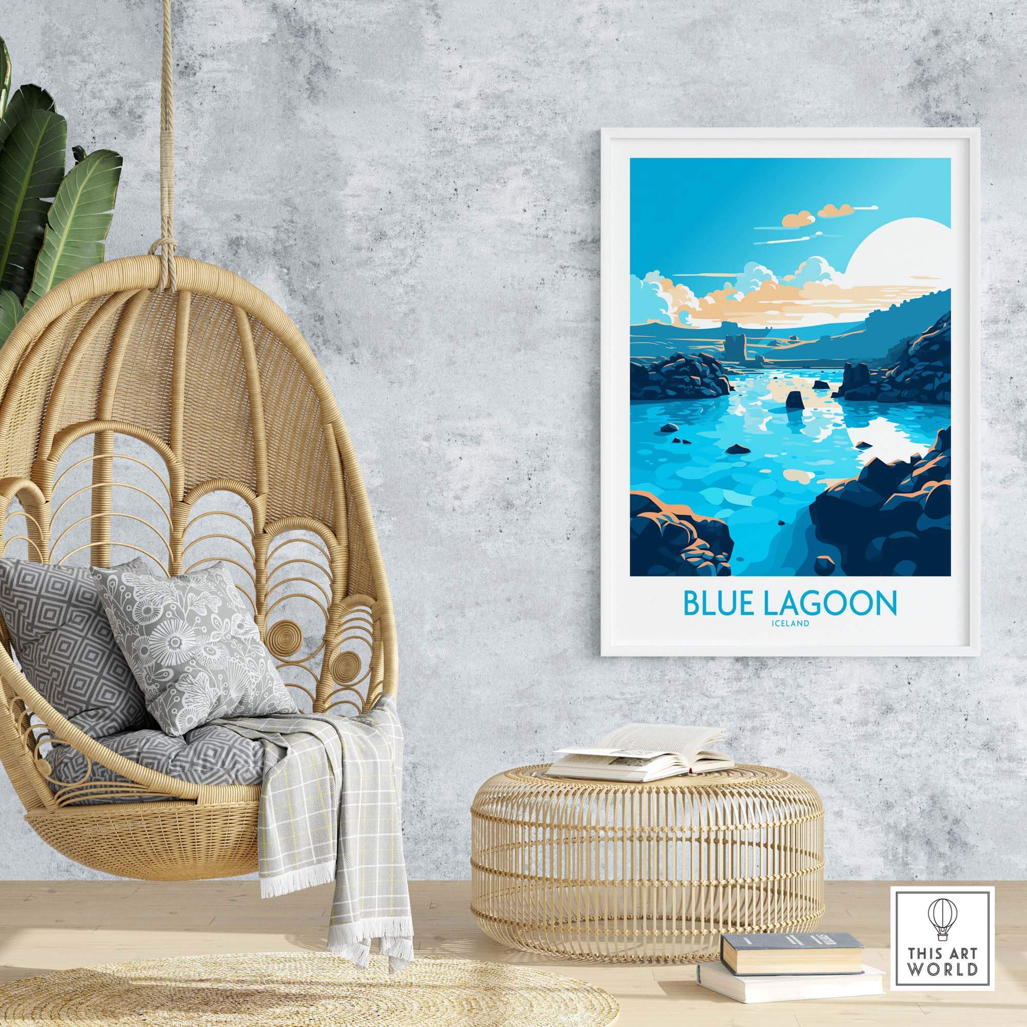 Modern Blue Lagoon Iceland poster displayed in a stylish home setting with hanging chair and woven ottoman.