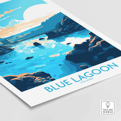 Modern Blue Lagoon Iceland poster featuring vibrant blue hues and abstract landscapes, perfect for home decor.