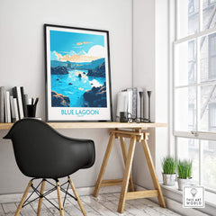 Blue Lagoon Iceland poster displayed in a modern workspace, showcasing stunning wall art with vibrant colors.