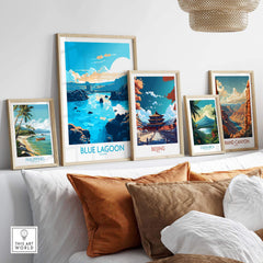 Gallery of travel posters featuring Blue Lagoon Iceland, Beijing, Costa Rica, and Grand Canyon displayed in a modern setting.