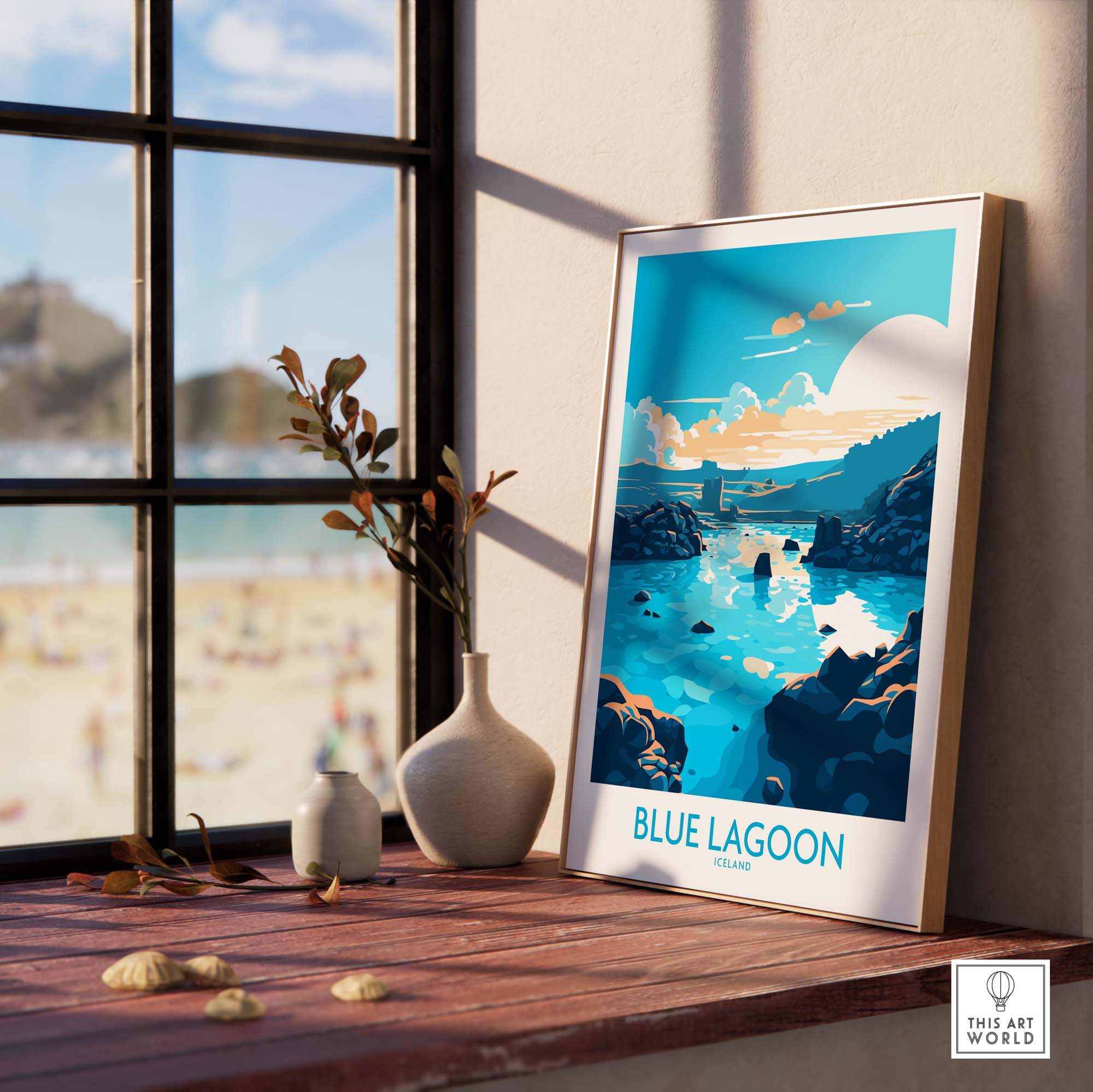 Modern Blue Lagoon Iceland poster displayed indoors, showcasing vibrant colors and a serene landscape.