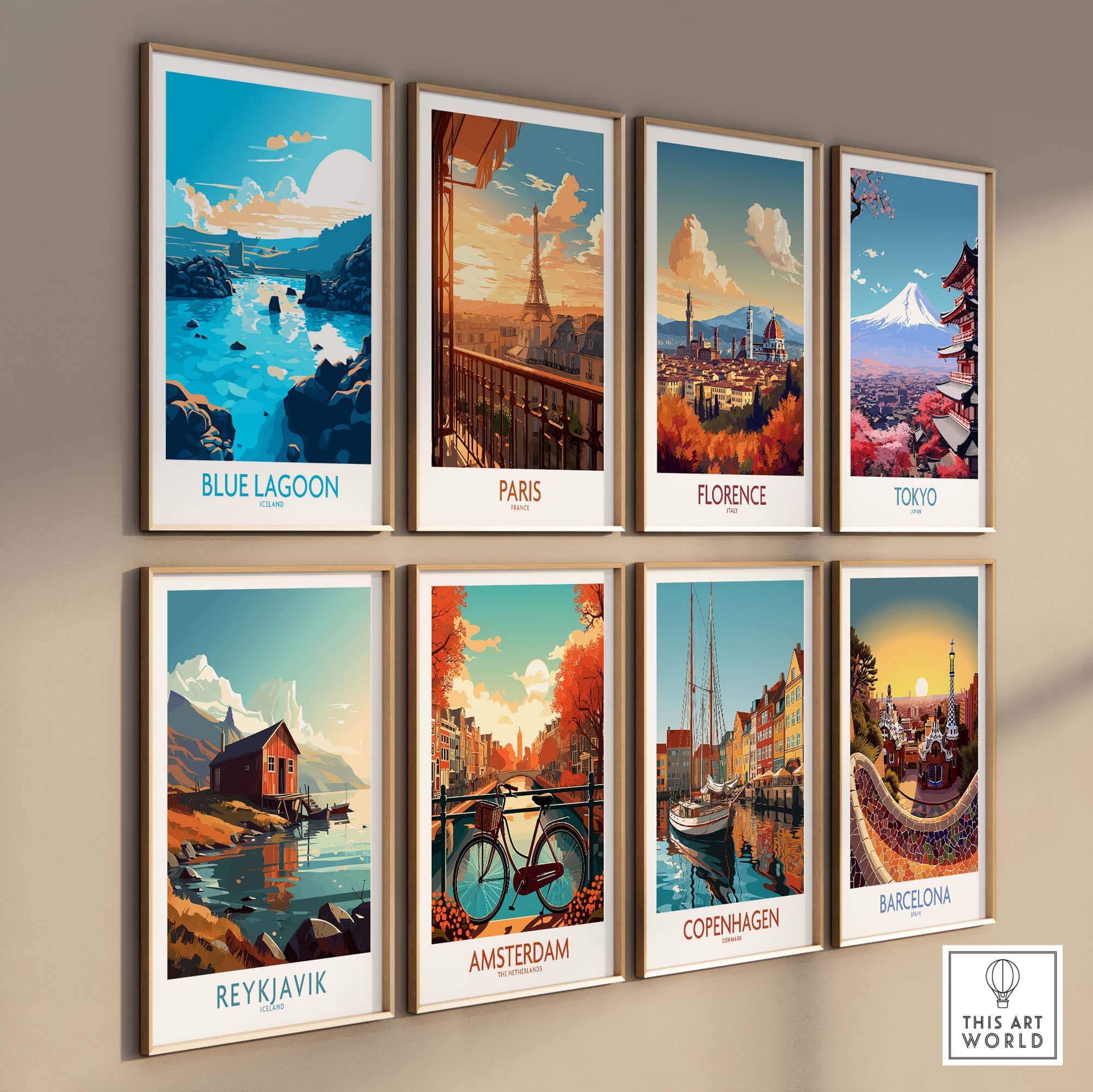Gallery wall featuring travel posters of Blue Lagoon, Paris, Florence, Tokyo, Reykjavik, Amsterdam, Copenhagen, and Barcelona.