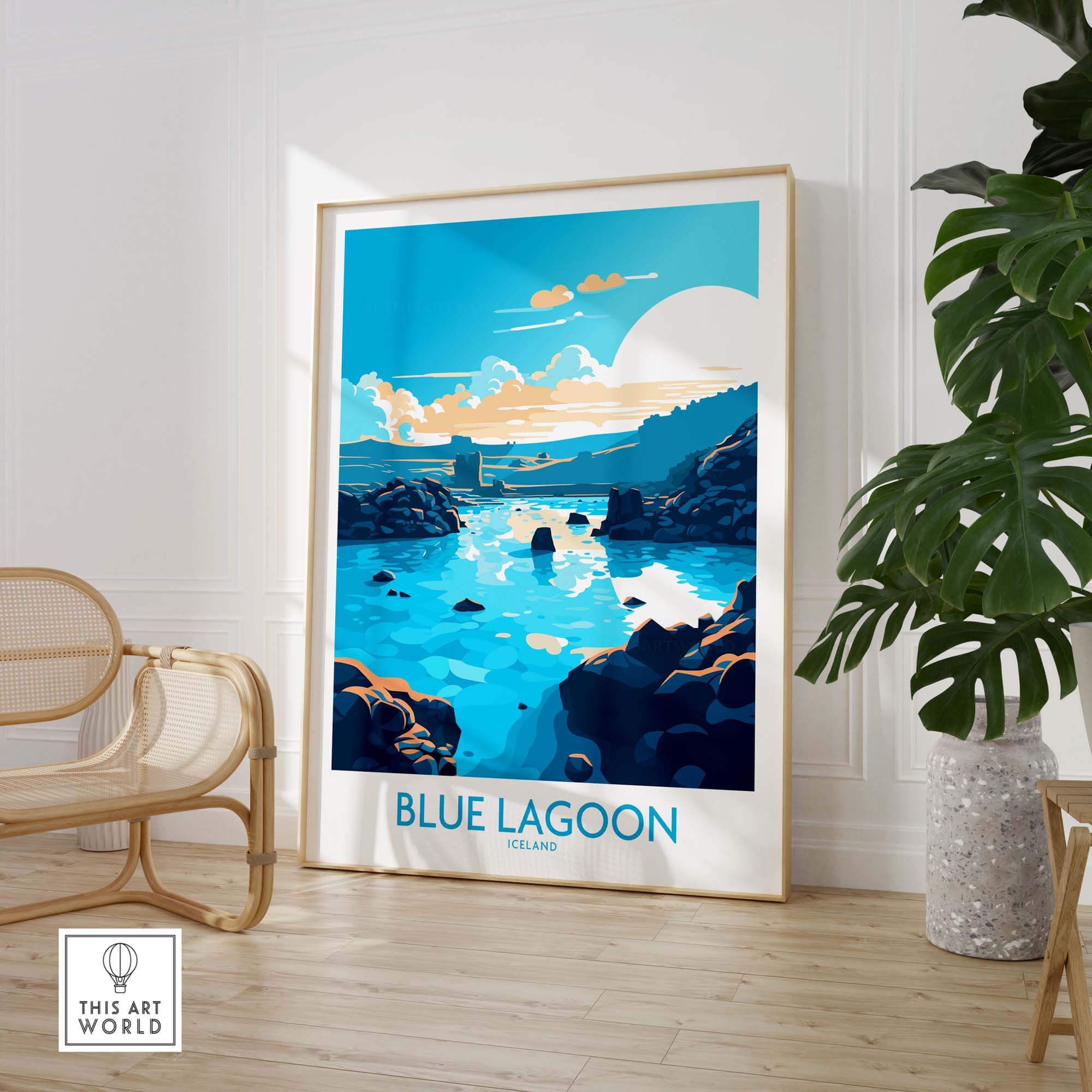Modern Blue Lagoon Iceland poster displayed in a stylish interior, showcasing vibrant blues and natural beauty.