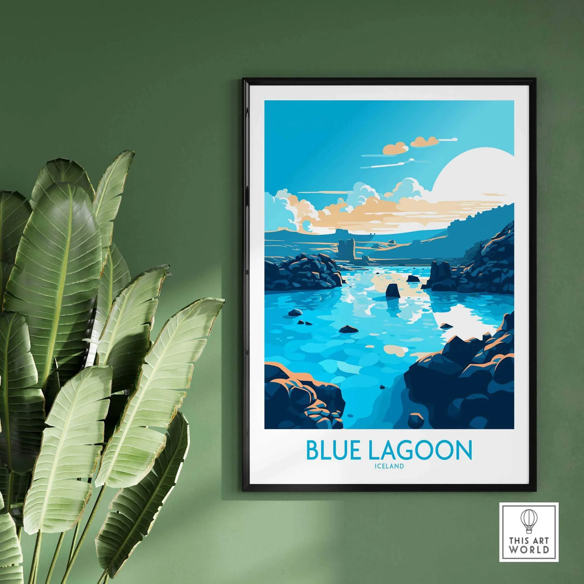 Blue Lagoon Iceland poster featuring serene blue waters and scenic landscapes, modern wall art for home decor.