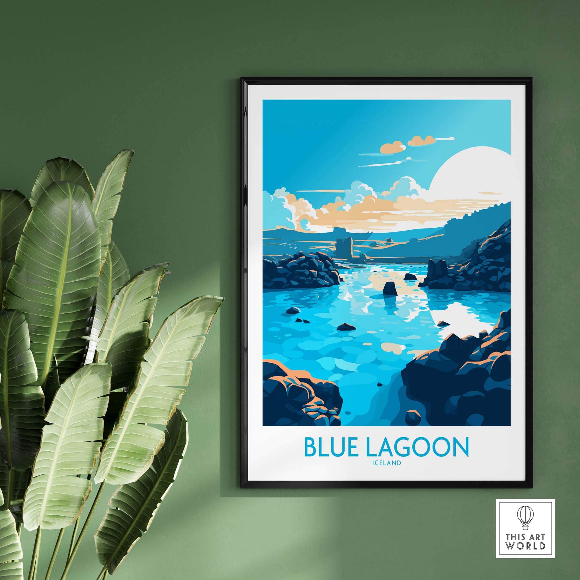 Blue Lagoon Iceland poster featuring serene blue waters and scenic landscapes, modern wall art for home decor.