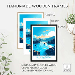 Three handmade wooden frames in natural, white, and black showcasing a Blue Lagoon Iceland poster.