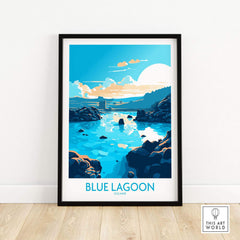 Modern Blue Lagoon Iceland poster featuring vibrant blue landscape and serene water, perfect for home decor.