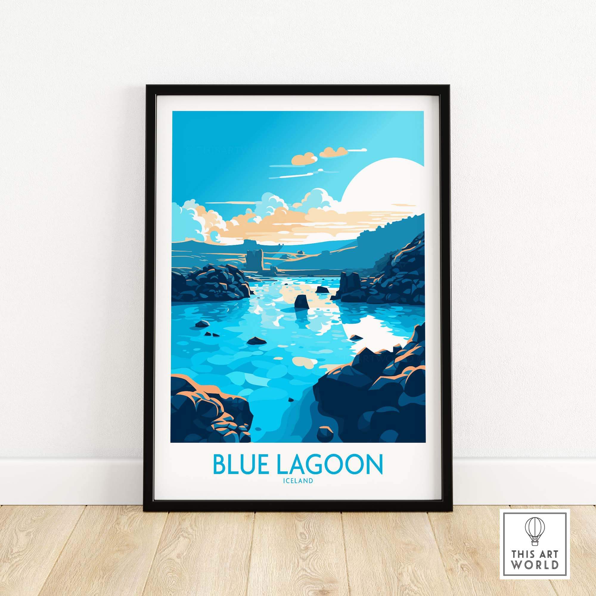 Modern Blue Lagoon Iceland poster featuring vibrant blue landscape and serene water, perfect for home decor.