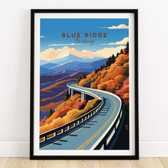 Blue Ridge Parkway Poster featuring a winding road through autumn-colored mountains and vibrant skies.