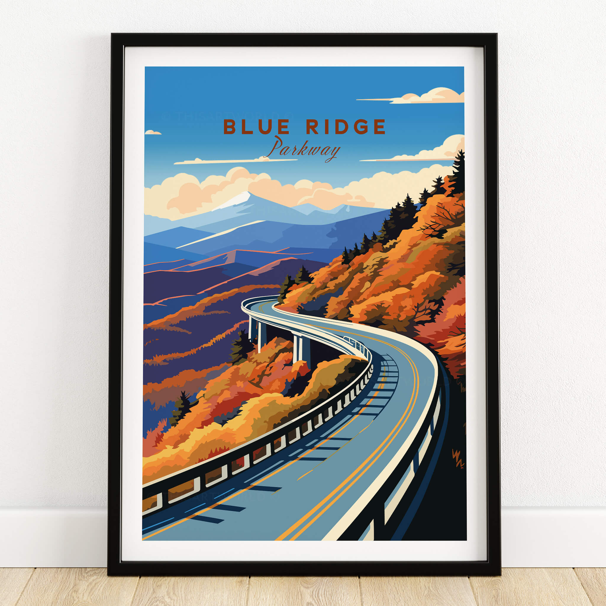 Blue Ridge Parkway Poster featuring a winding road through autumn-colored mountains and vibrant skies.