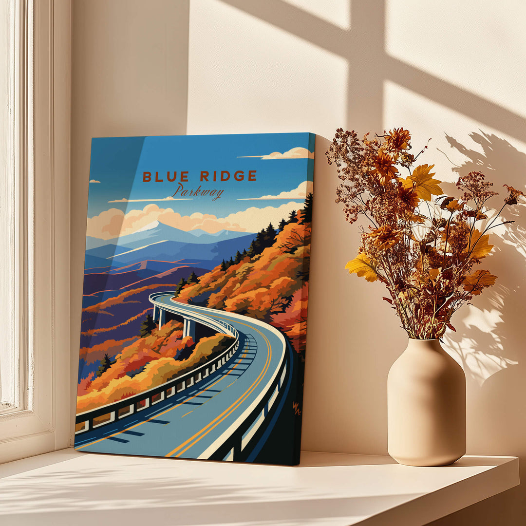 Blue Ridge Parkway Poster featuring a vibrant scenic view of the parkway with colorful autumn foliage.
