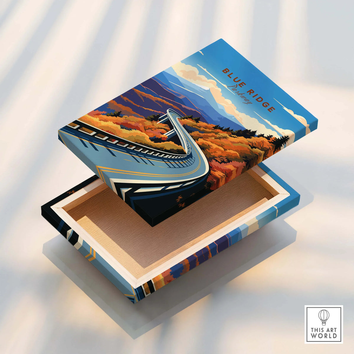 Blue Ridge Parkway Poster design on a stunning decorative box with vibrant colors and scenic mountain views.