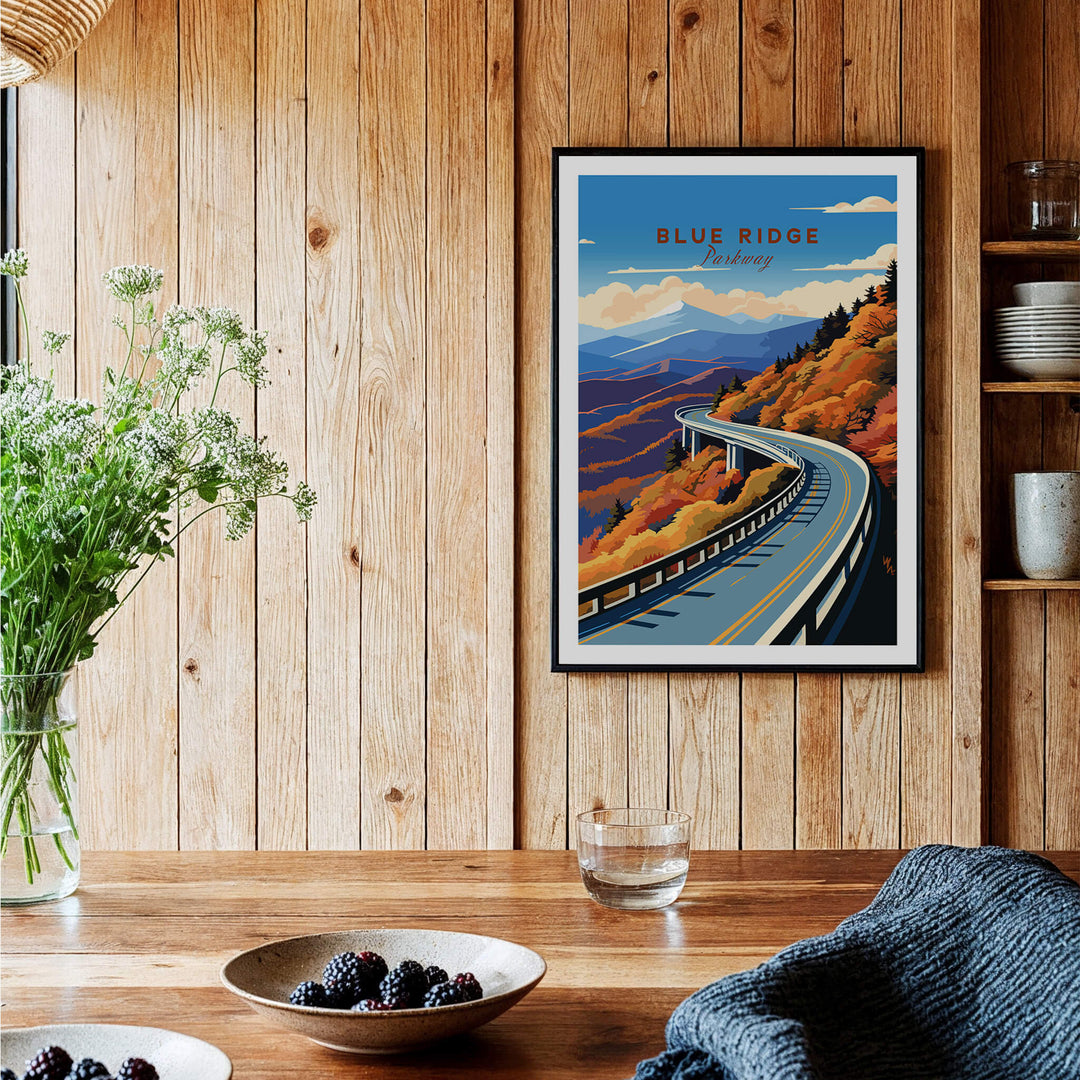 Blue Ridge Parkway Poster showcasing a scenic winding road through autumn foliage, perfect for travel enthusiasts.