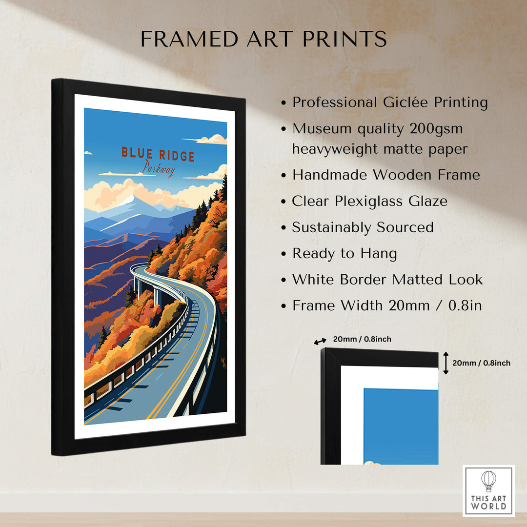 Framed Blue Ridge Parkway Poster featuring vibrant colors and a scenic landscape design.