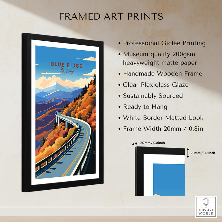 Framed Blue Ridge Parkway Poster featuring vibrant colors and a scenic landscape design.