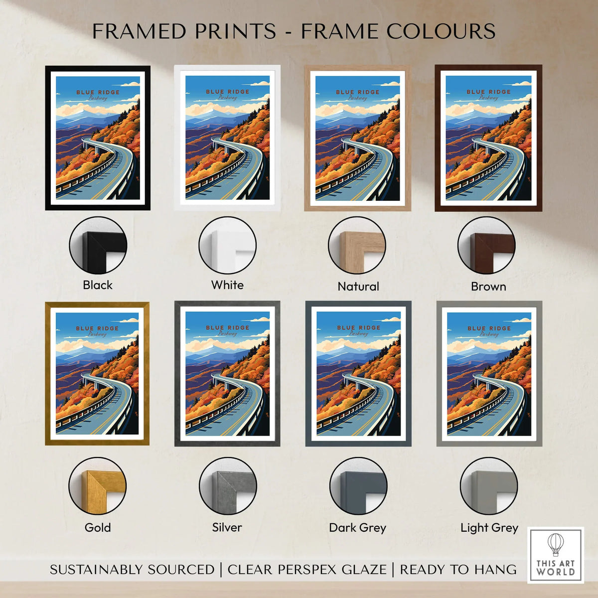 Various frame color options for the Blue Ridge Parkway Poster framed prints, showcasing vibrant travel art.