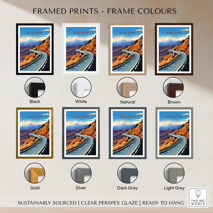 Various frame color options for the Blue Ridge Parkway Poster framed prints, showcasing vibrant travel art.
