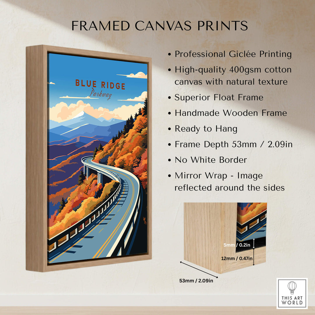 Framed Blue Ridge Parkway Poster with vibrant colors, professional Giclée printing, and a handmade wooden frame.