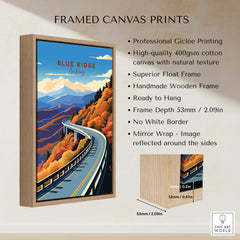 Framed Blue Ridge Parkway Poster with vibrant colors, professional Giclée printing, and a handmade wooden frame.