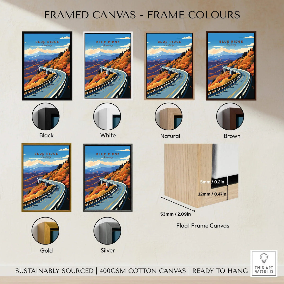 Blue Ridge Parkway Poster framed canvas options in various colors including black, white, natural, brown, gold, and silver.