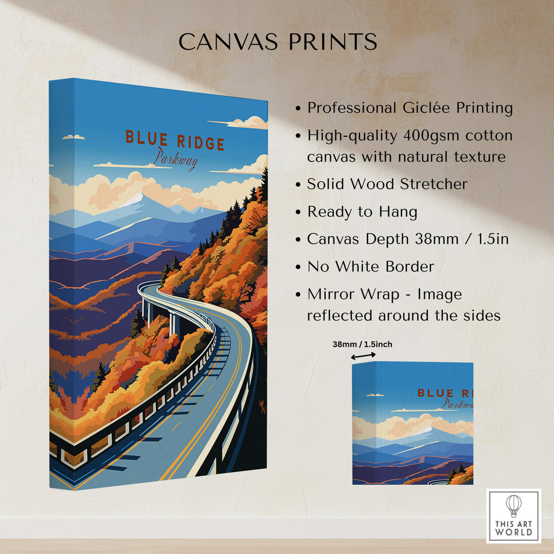 Blue Ridge Parkway Poster showcasing vibrant colors and scenic views, perfect for home decor and travel memories.