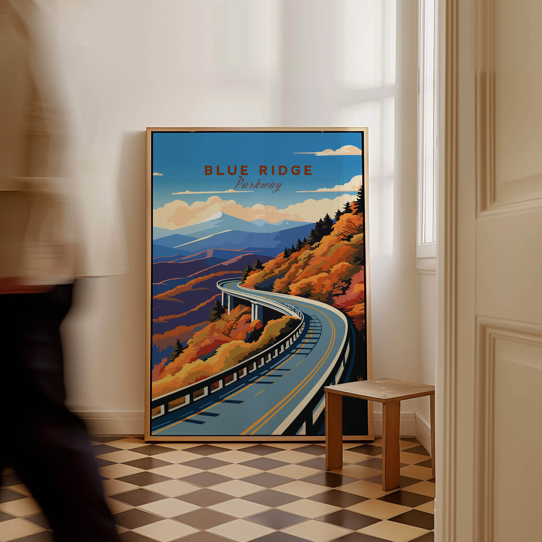 Blue Ridge Parkway Poster showing a scenic mountain road surrounded by fall colors in a stylish room.