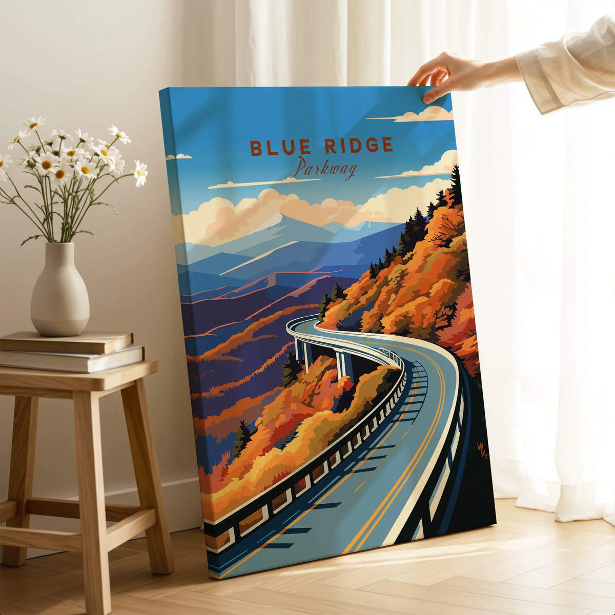 Blue Ridge Parkway Poster featuring a scenic view of the iconic route through autumn foliage.