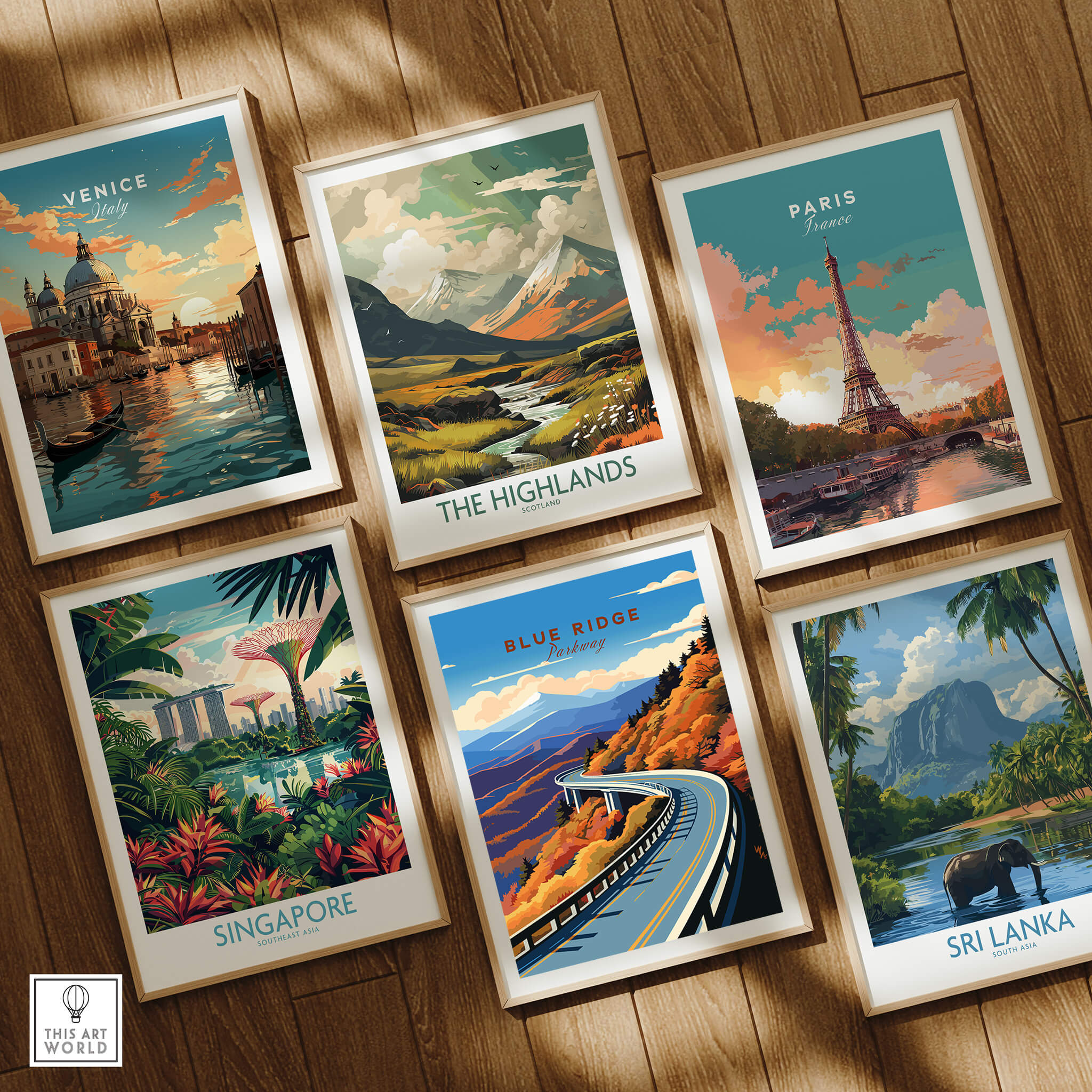 Collection of travel posters featuring Blue Ridge Parkway Poster, Venice, Paris, Singapore, The Highlands, and Sri Lanka.