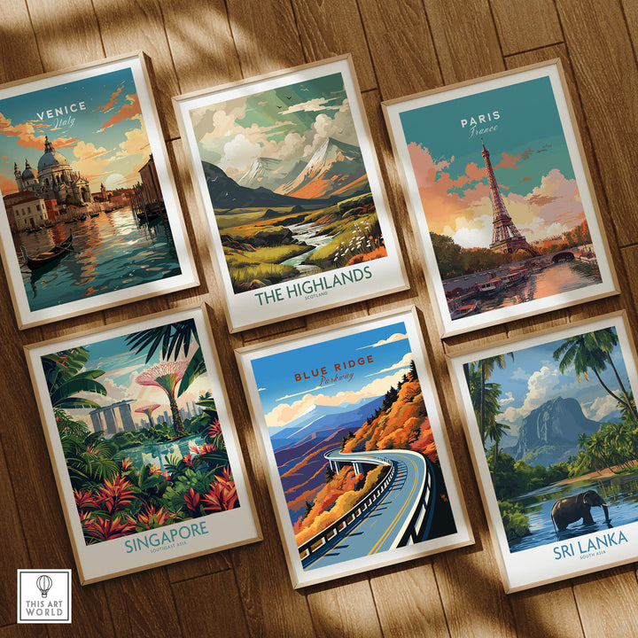 Collection of travel posters featuring Blue Ridge Parkway Poster, Venice, Paris, Singapore, The Highlands, and Sri Lanka.