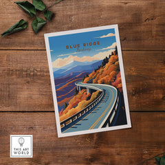 Blue Ridge Parkway poster featuring vibrant autumn colors and a winding road, perfect for travel lovers' decor.