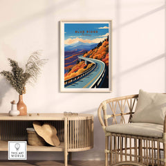 Blue Ridge Parkway poster displayed in a cozy room, showcasing vibrant colors and scenic mountain views. Perfect travel decor.