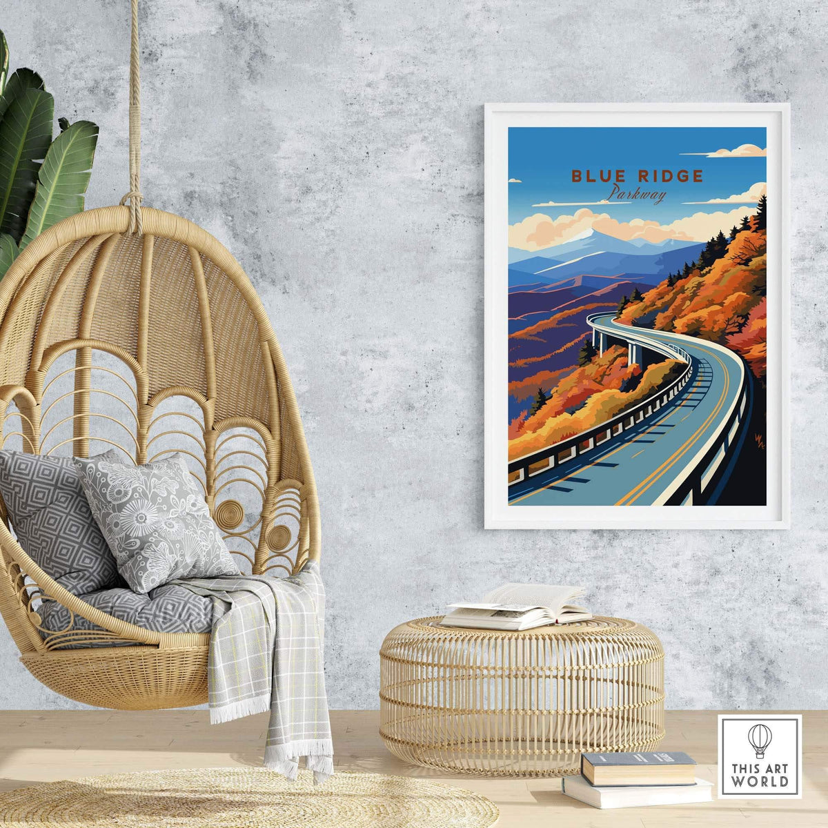 Blue Ridge Parkway poster displayed in a cozy room with a hanging chair and stylish decor, capturing vibrant travel memories.