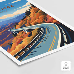 Blue Ridge Parkway poster featuring vibrant autumn colors and a scenic winding road, perfect for travel enthusiasts.