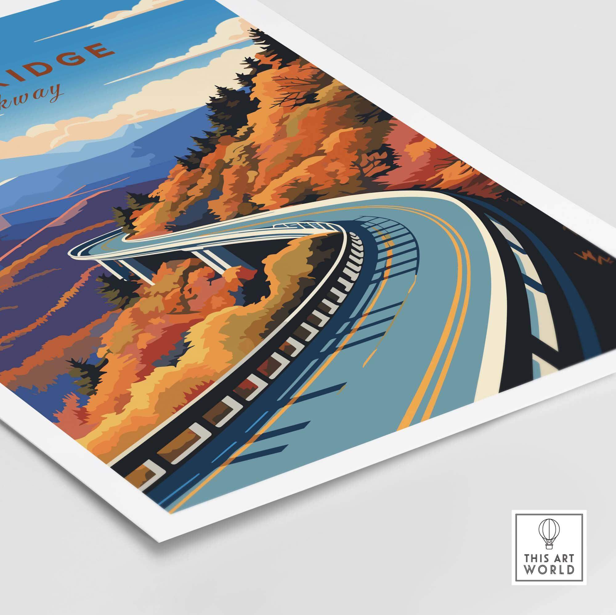 Blue Ridge Parkway poster featuring vibrant autumn colors and a scenic winding road, perfect for travel enthusiasts.