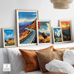 Blue Ridge Parkway poster collection showcased in stylish frames, featuring vibrant travel-themed art prints for home decor.
