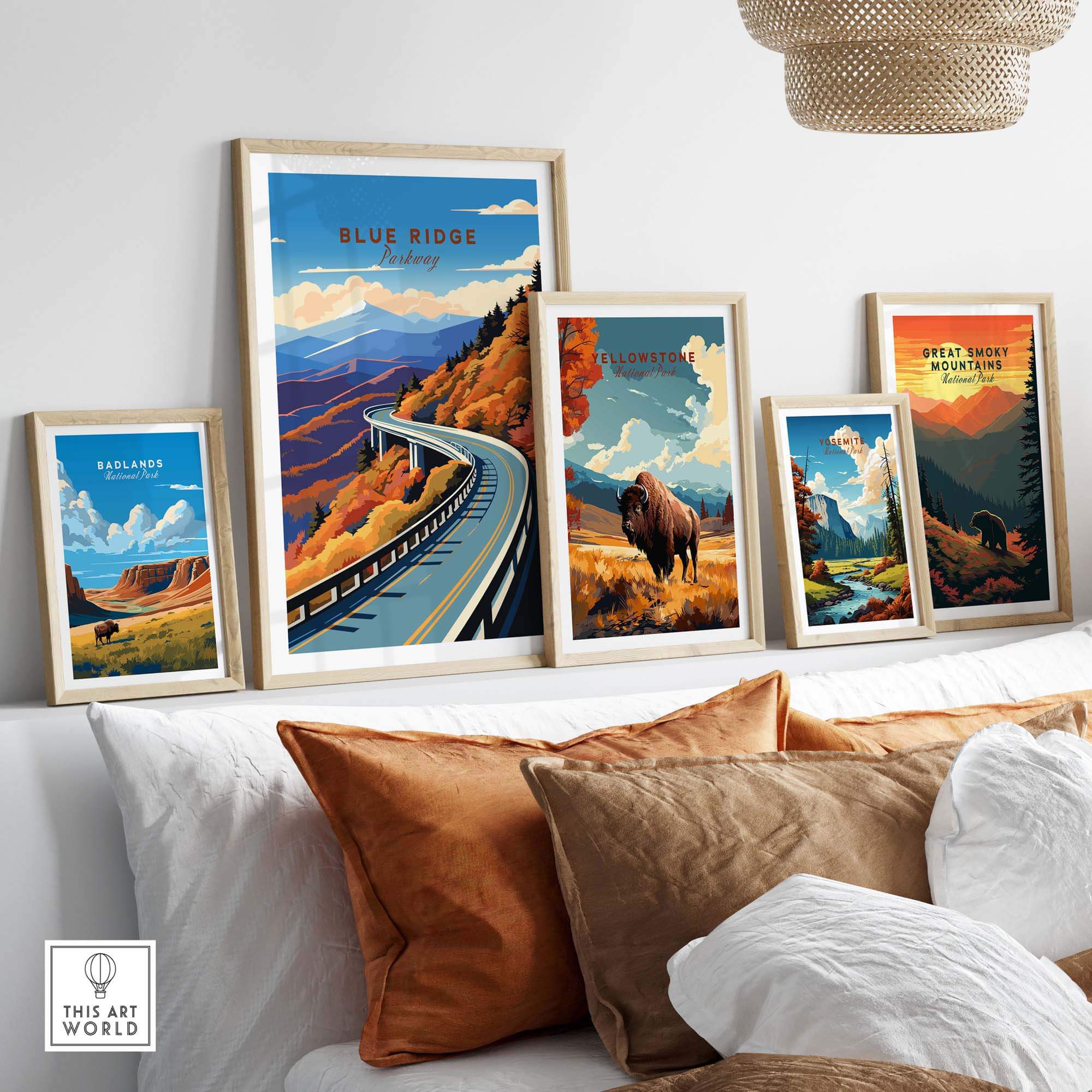 Blue Ridge Parkway poster collection showcased in stylish frames, featuring vibrant travel-themed art prints for home decor.
