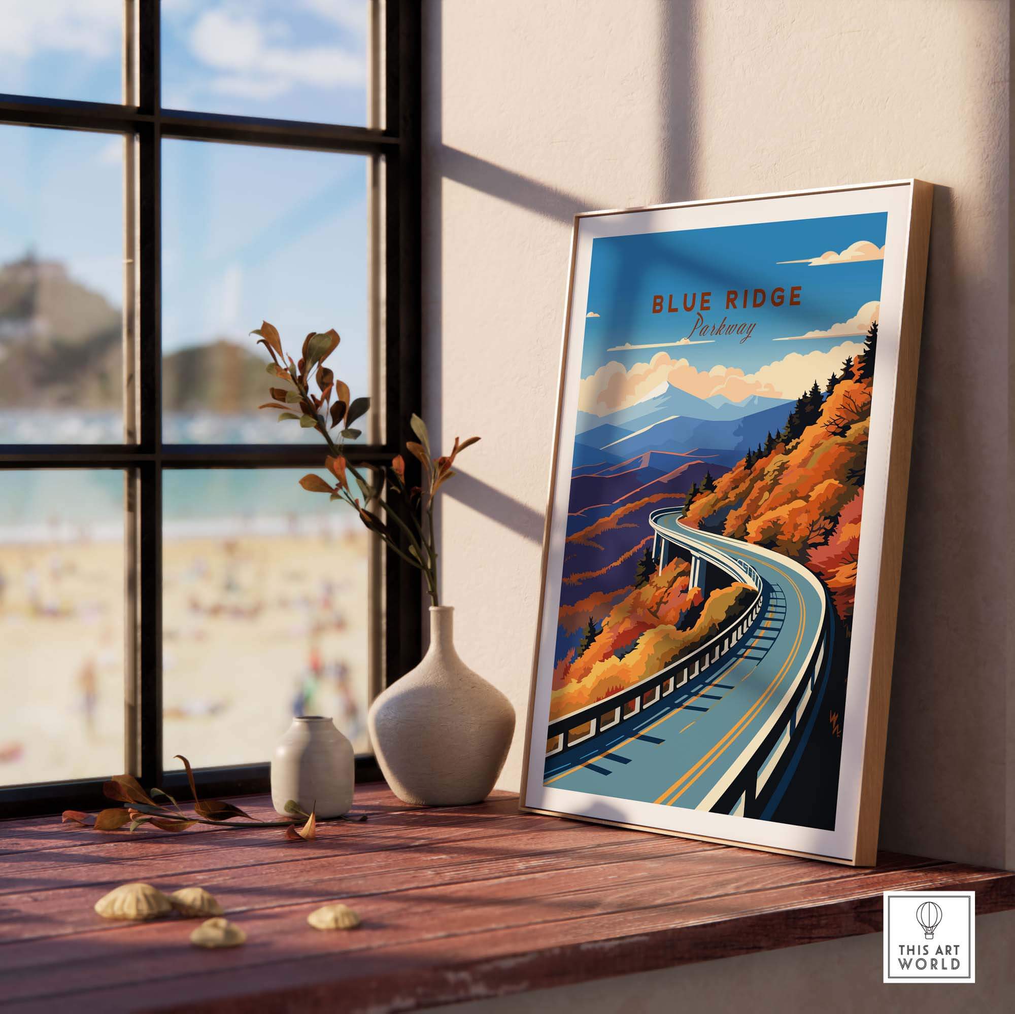 Blue Ridge Parkway poster displayed in a cozy room, showcasing vibrant colors and autumn scenery. Perfect for travel enthusiasts.