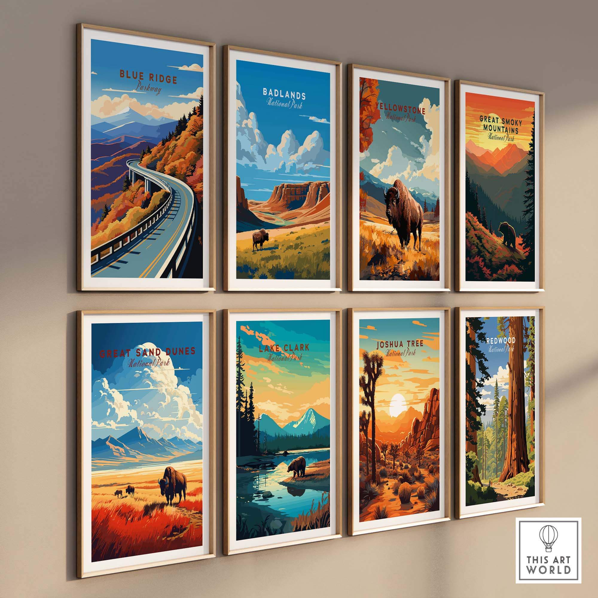 Collection of vibrant travel posters featuring Blue Ridge Parkway and other iconic U.S. national parks framed on a wall.