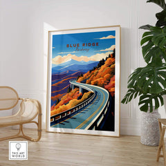 Blue Ridge Parkway poster featuring vibrant colors and scenic winding road in a stylish home setting. Perfect for travel enthusiasts.