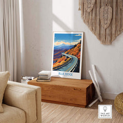 Blue Ridge Parkway wall art print displayed in a cozy living room setting with natural decor. Perfect for home or office.