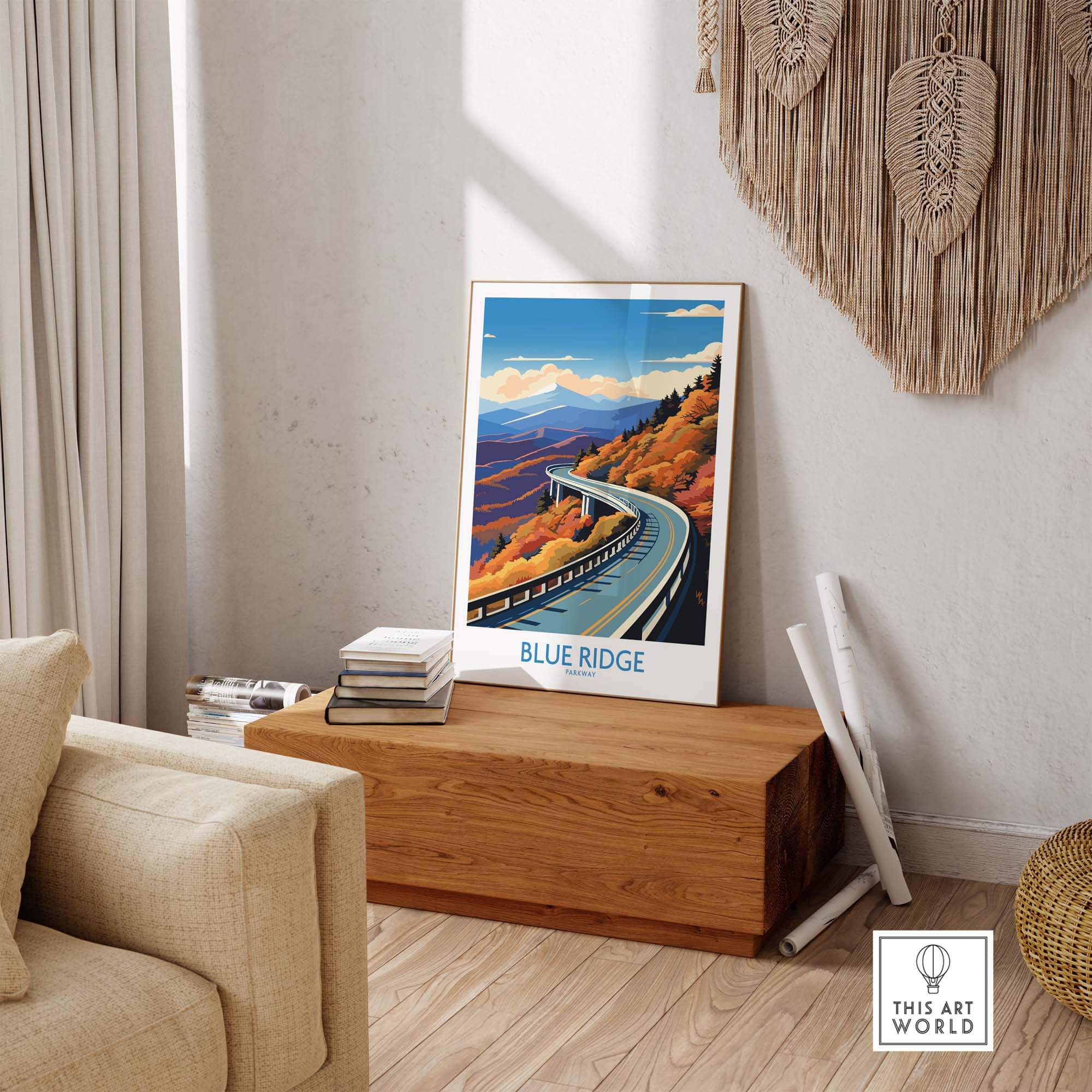 Blue Ridge Parkway wall art print displayed in a cozy living room setting with natural decor. Perfect for home or office.