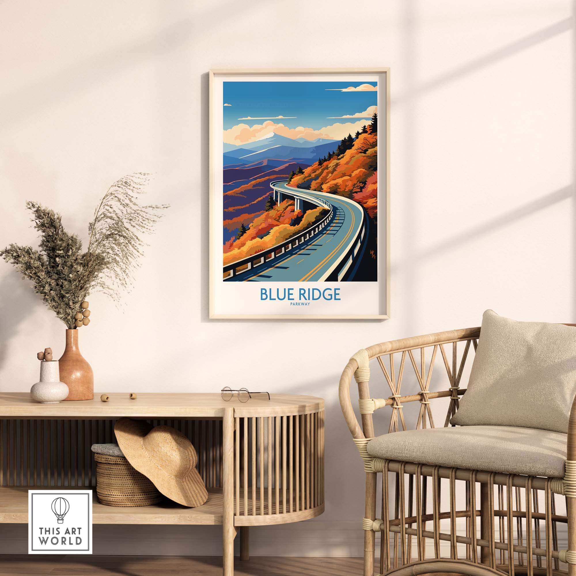Blue Ridge Parkway wall art print displayed in a cozy living room setting with autumn foliage and scenic views.