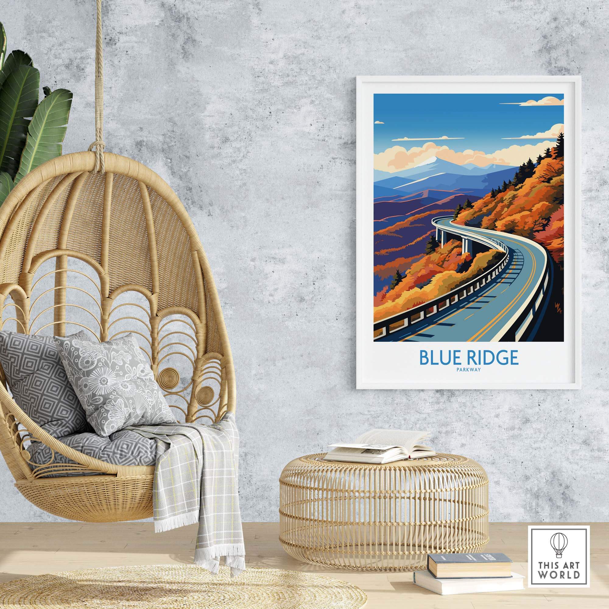 Blue Ridge Parkway wall art print displayed in a modern living space with a hanging chair and woven decor.