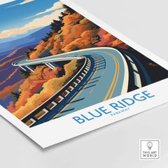 Blue Ridge Parkway wall art print featuring vibrant autumn colors and winding road, perfect for home decor.