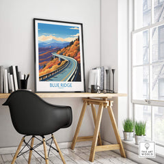 Blue Ridge Parkway wall art print displayed in a bright home office, enhancing the decor with vibrant colors and scenic design.