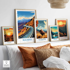 Blue Ridge Parkway wall art print alongside travel posters in a stylish interior setting, showcasing nature's beauty.