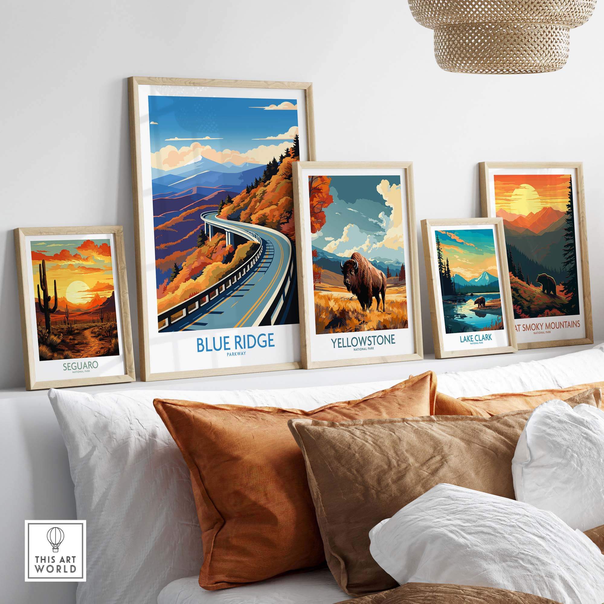 Blue Ridge Parkway wall art print alongside travel posters in a stylish interior setting, showcasing nature's beauty.